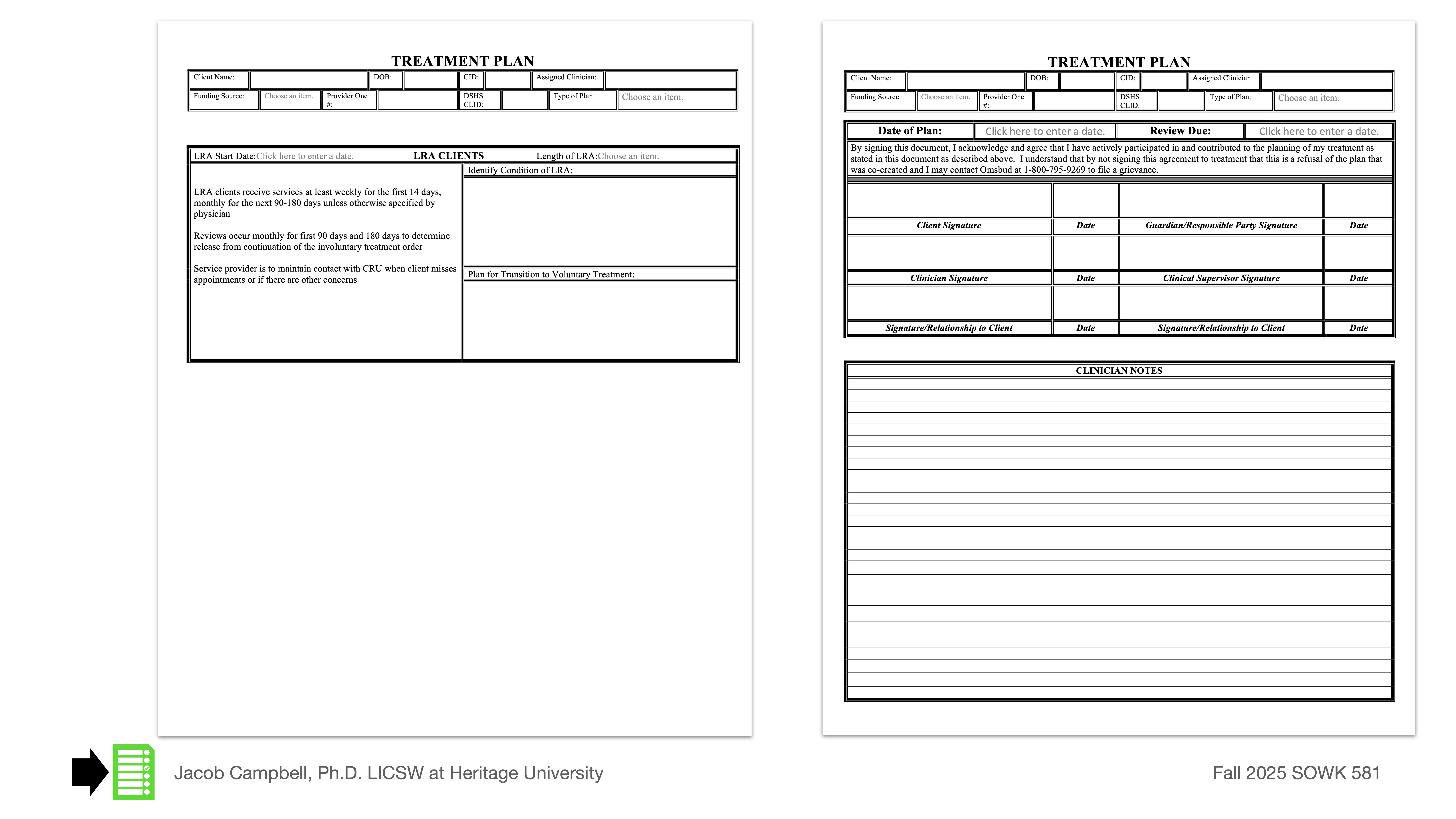 The image shows two pages of a treatment plan form with sections for client information, goals, and plan details. Text includes 'Jacob Campbell, Ph.D., LICSW,' and 'Fall 2025 SOWK 581.'