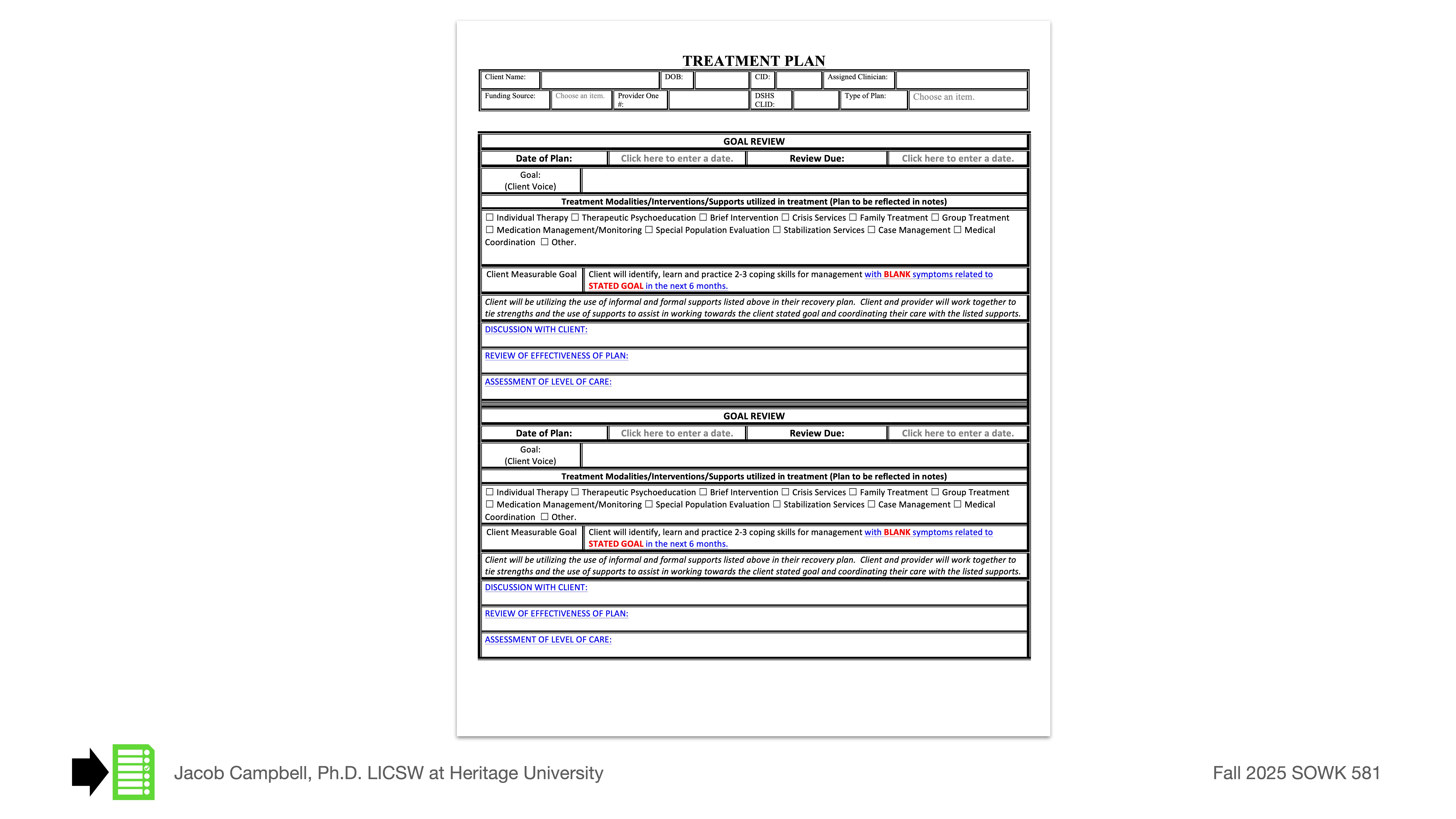 A treatment plan document with sections for client details, plan author, review dates, and specific goals. It includes fields for review of objectives and corrections, within a presentation slide format.