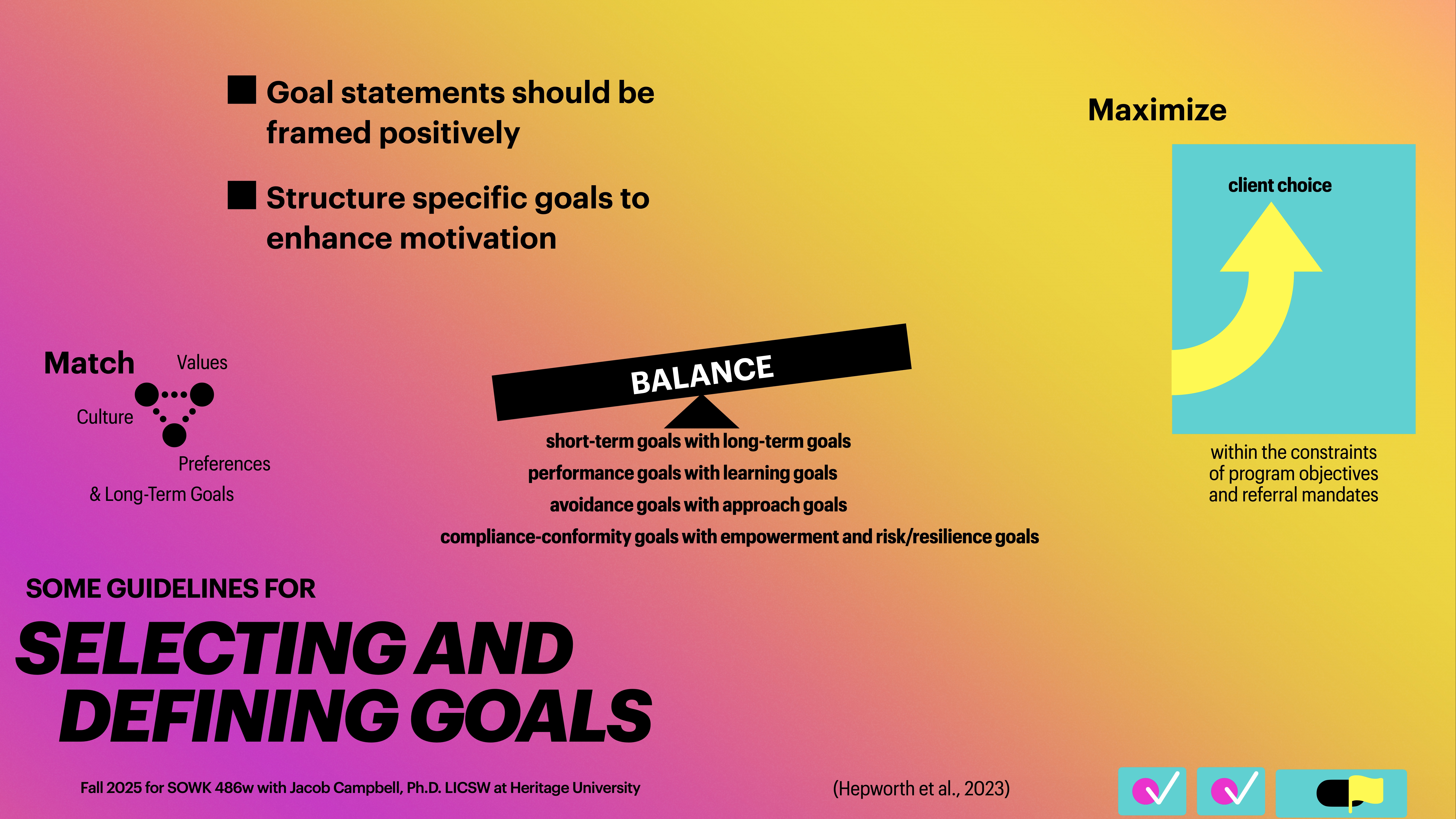 Chart emphasizes goal setting in a presentation slide against a colorful gradient background. Text highlights balancing short-term and long-term goals, structuring them positively, and maximizing client choice. Includes academic citation and course information.