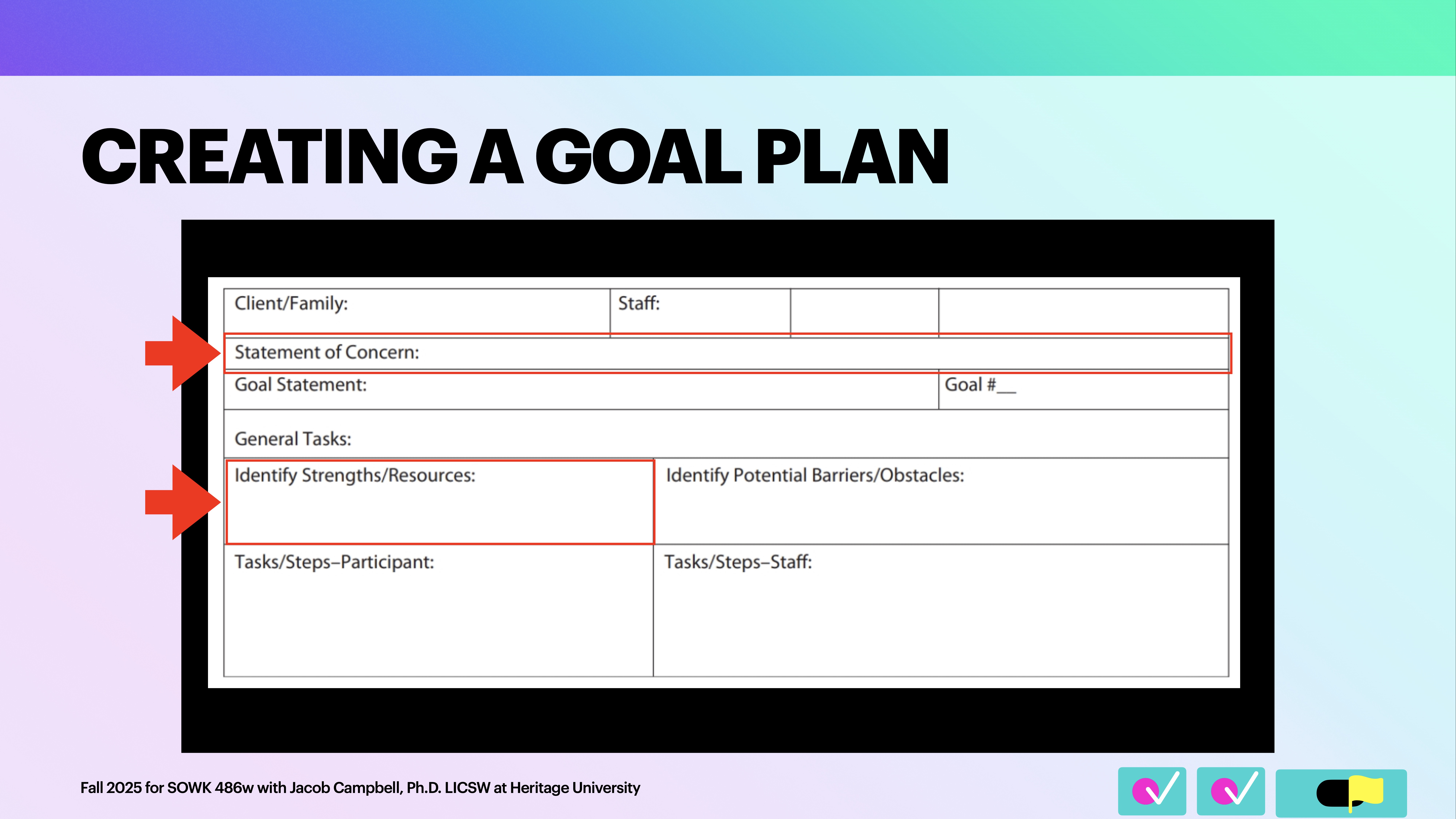 A presentation slide features a 'Creating a Goal Plan' template. Sections include 'Statement of Concern,' 'Goal Statement,' 'Identify Strengths/Resources,' and 'Identify Potential Barriers/Obstacles.' Slide notes Fall 2023, SOWK 486w with Jacob Campbell.