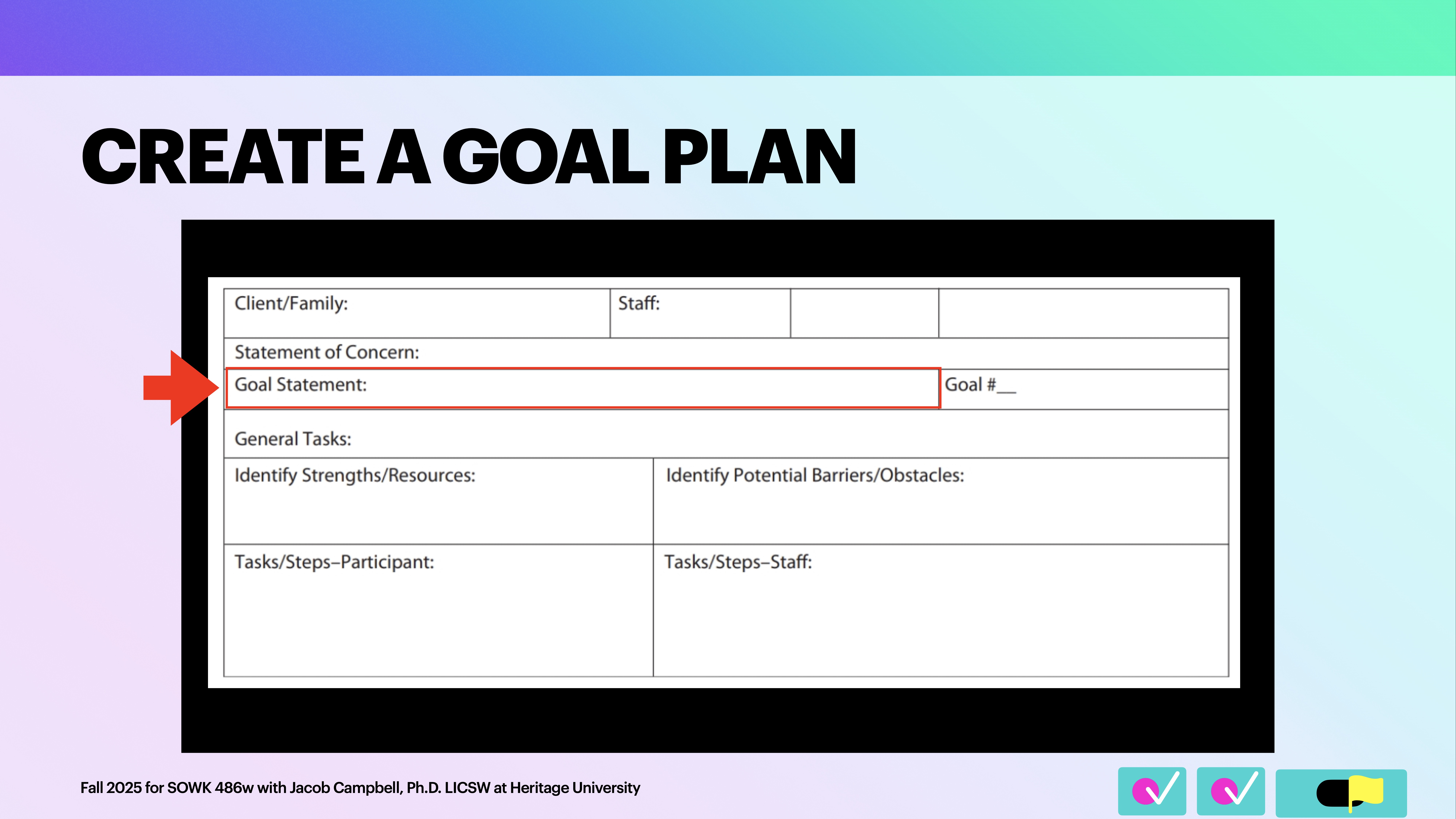 A slide titled 'Create a Goal Plan' features a form template for setting goals. Sections include 'Statement of Concern,' 'Goal Statement,' 'Identify Strengths/Resources,' and 'Identify Potential Barriers/Obstacles.' A red arrow points to 'Goal Statement.' The slide is for a Fall 2023 course with Jacob Campbell, Ph.D., at Heritage University.