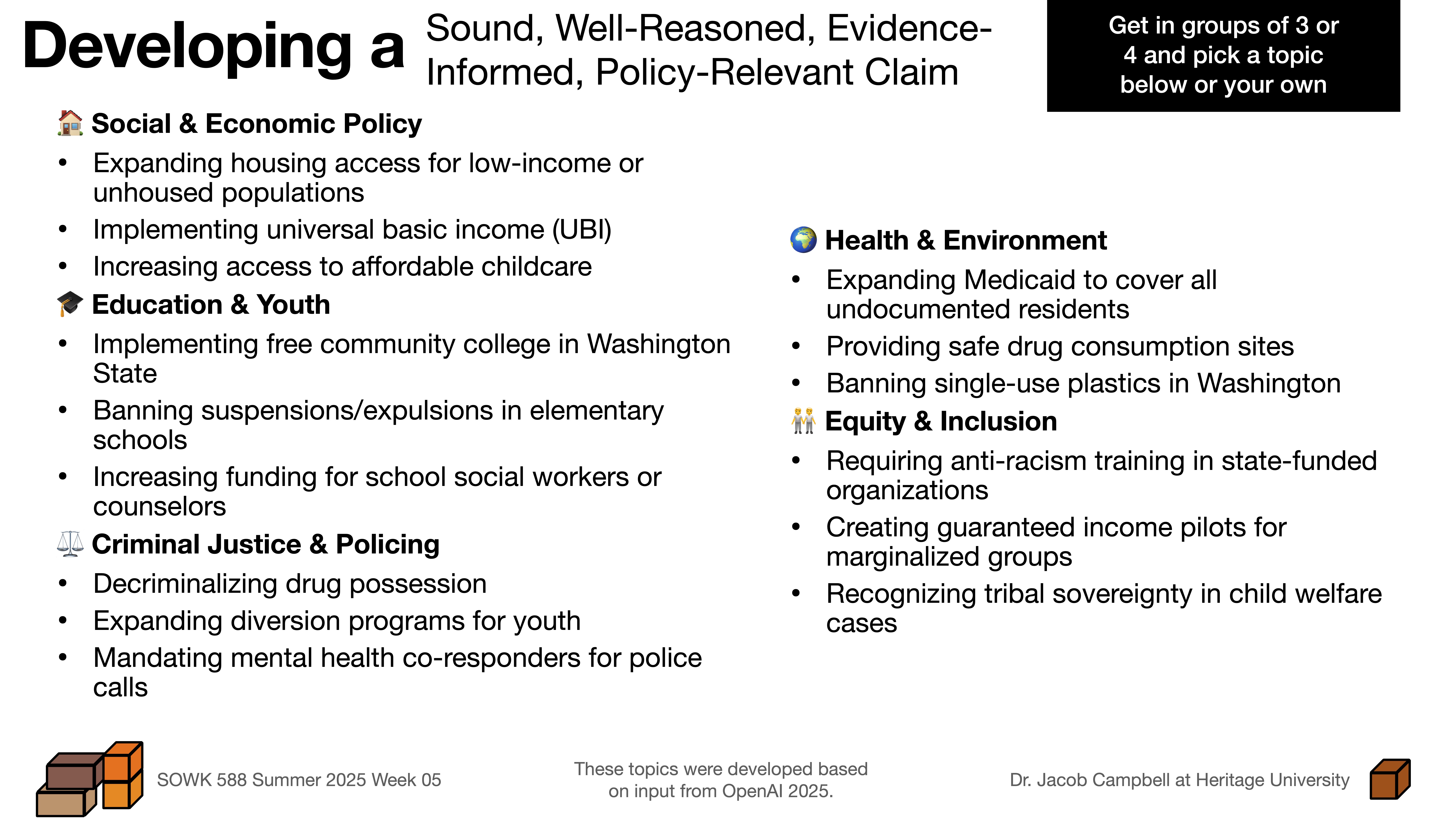 The slide titled 'Developing a Sound, Well-Reasoned, Evidence-Informed, Policy-Relevant Claim' lists policy topics: Social & Economic Policy, Education & Youth, Criminal Justice & Policing, Health & Environment, Equity & Inclusion. Topics include housing, UBI, education access, drug decriminalization, Medicaid expansion, and tribal sovereignty. It advises forming groups for discussion.
