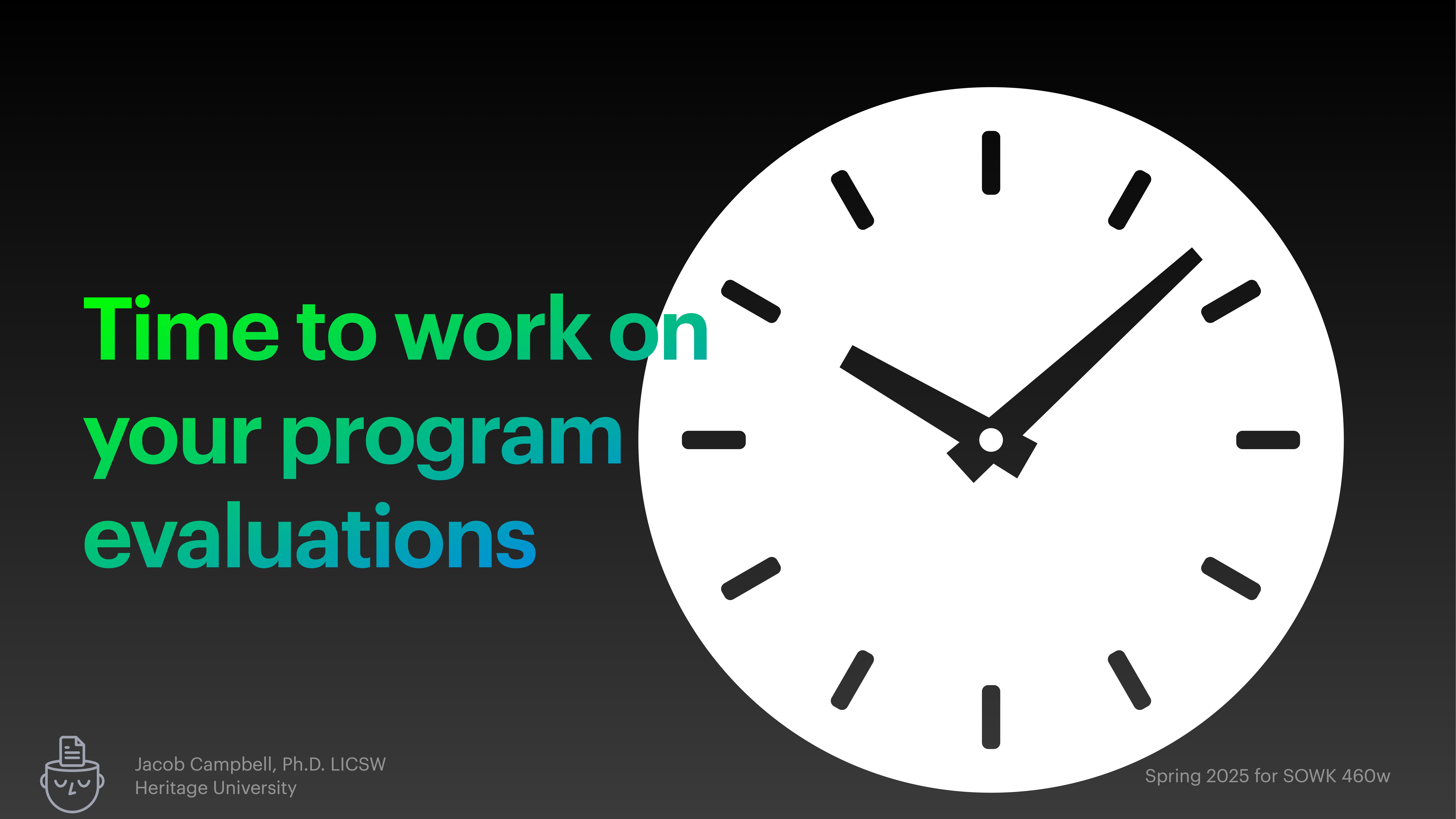 Clock indicates time; beside it, text reads, 'Time to work on your program evaluations.' Slide includes: Jacob Campbell, Ph.D., LICSW, Heritage University. Bottom notes Spring 2025 for SOWK 460w.